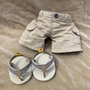 Build-A-Bear Beige Summer Sandals & Cargo Shorts BABW Tan Flip Flops Pants Set​​